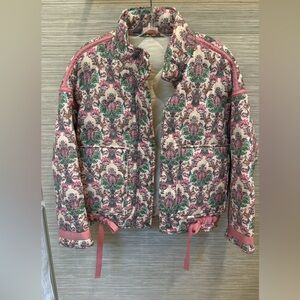 entro Pink Floral Quilted Puffer Jacket with Green Detail